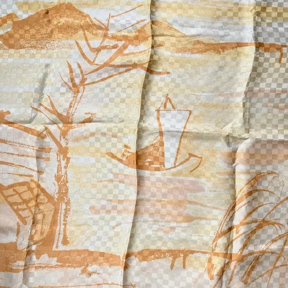 Vintage Vera Neumann Silk Japanese Asian Boat Landscape Square Handrolled Scarf - Picture 3 of 12